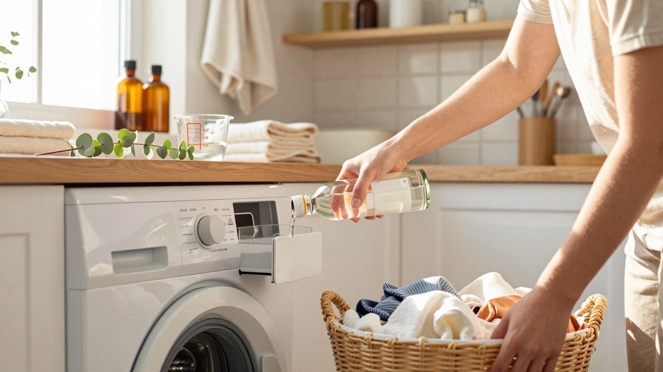 Pessoa a verter detergente líquido na máquina de lavar roupa, com cesto de roupa e toalhas ao fundo numa lavandaria.