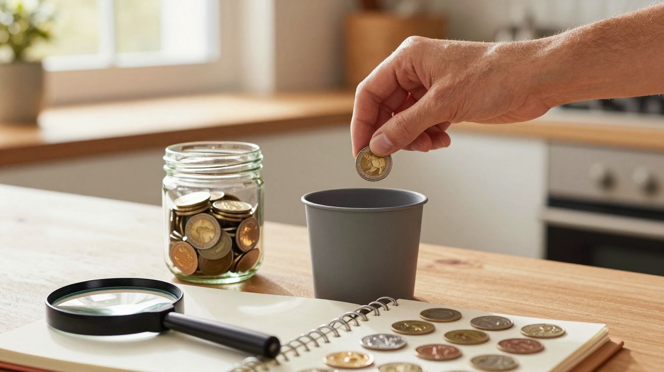 Mão a colocar moeda numa caixa, frasco com moedas, lupa e moedas sobre caderno numa mesa de cozinha.