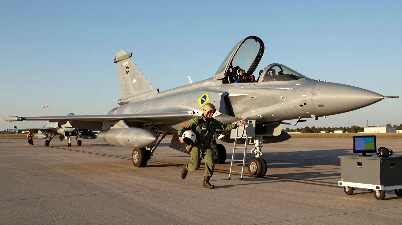 Caça militar brasileiro estacionado com piloto em uniforme verde saindo e outro no cockpit em pista.