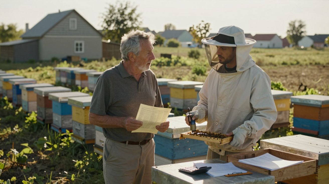 Apicultor com roupa de proteção e homem com documento em campo de colmeias a discutir trabalho.