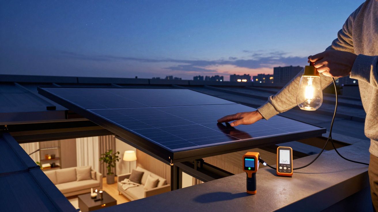 Pessoa a instalar painel solar num telhado ao anoitecer, segurando lâmpada acesa e equipamentos de medição.