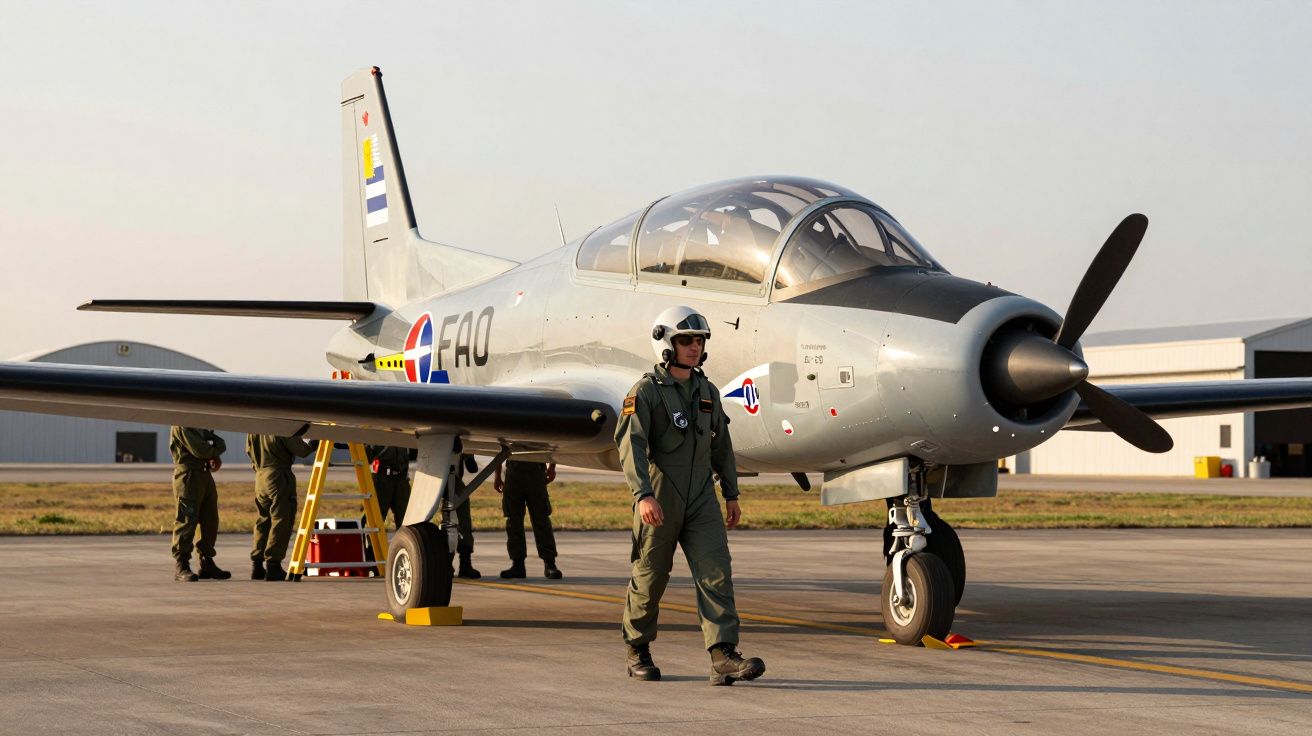 Avião militar estático em pista com piloto e tripulação ao redor durante o dia.