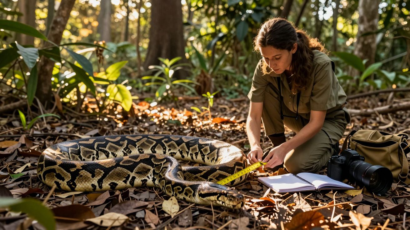 Bióloga a medir uma píton no chão da floresta, com caderno, câmera e mochila ao lado.