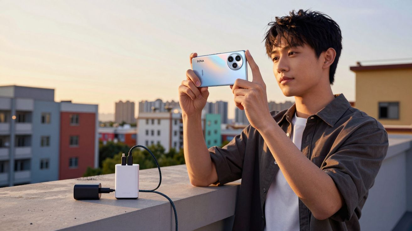 Homem jovem a tirar foto com smartphone Infinix num terraço urbano ao pôr do sol.