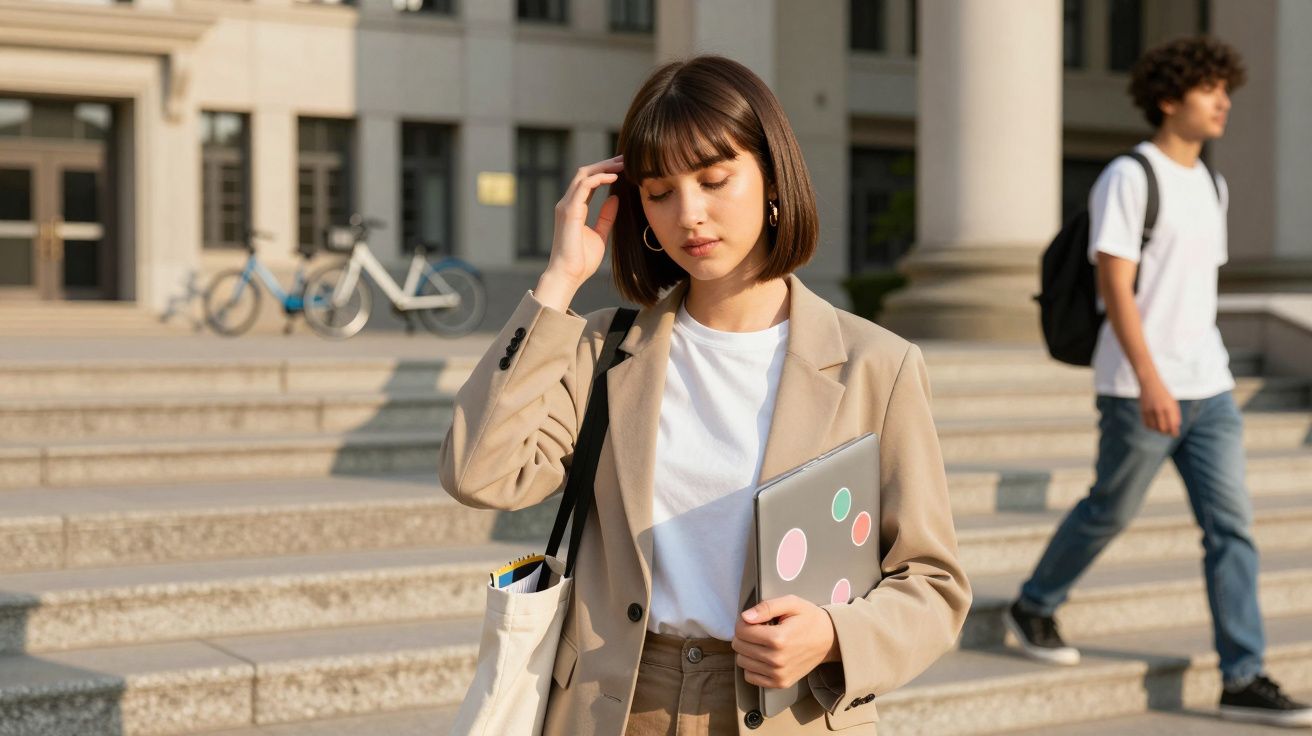 Estudante segurando portátil e bolsa, parada em escadas exteriores de um edifício institucional durante o dia.