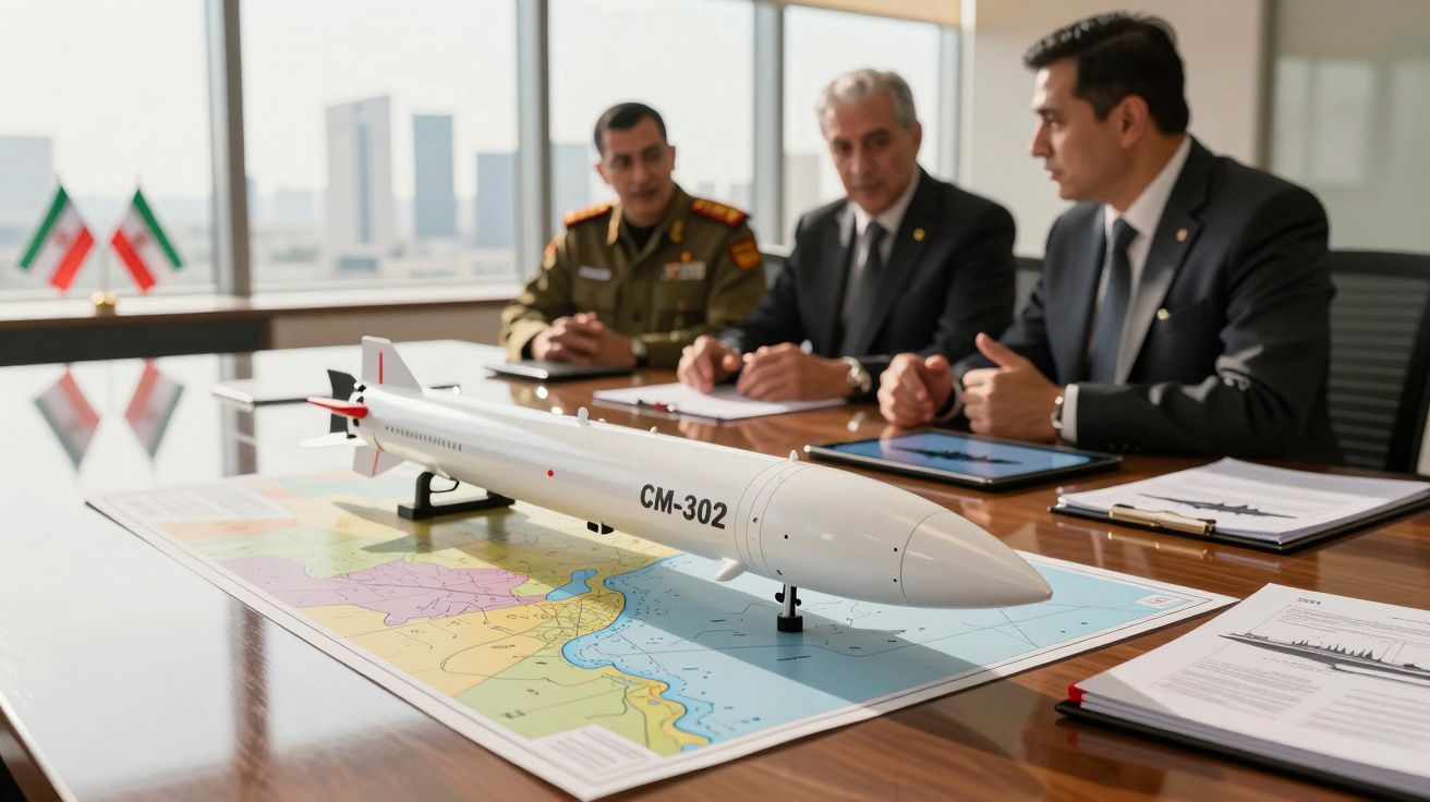 Modelo de míssil CM-302 sobre mapa corográfico enquanto três homens em terno e uniforme militar discutem numa sala de reuniõe