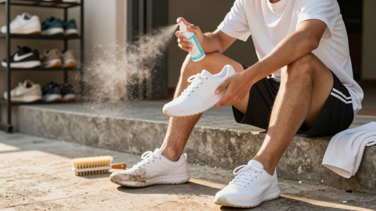 Pessoa a limpar um ténis branco sujo com um spray de limpeza enquanto está sentada num degrau.