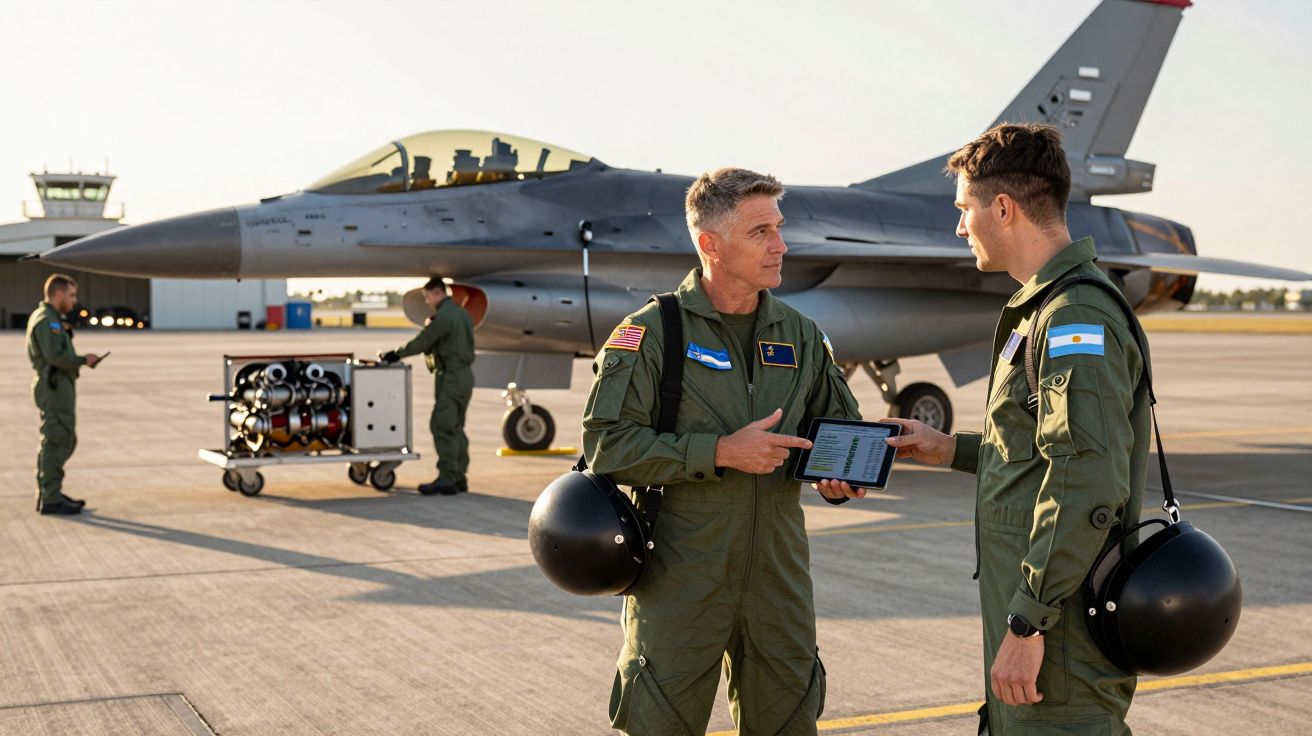 Dois pilotos militares com fatos verdes junto a jato de combate numa pista de aeroporto.
