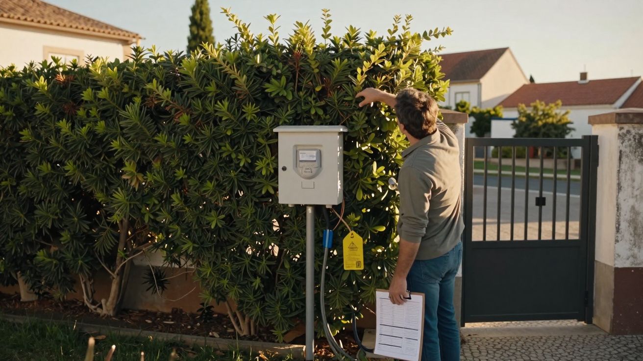 Homem a inspecionar um medidor elétrico ao ar livre, segurando documentos junto a um portão residencial.