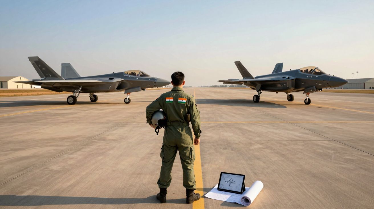 Piloto militar indiano em fato de voo observa dois caças estacionados numa pista de aeroporto ao amanhecer.