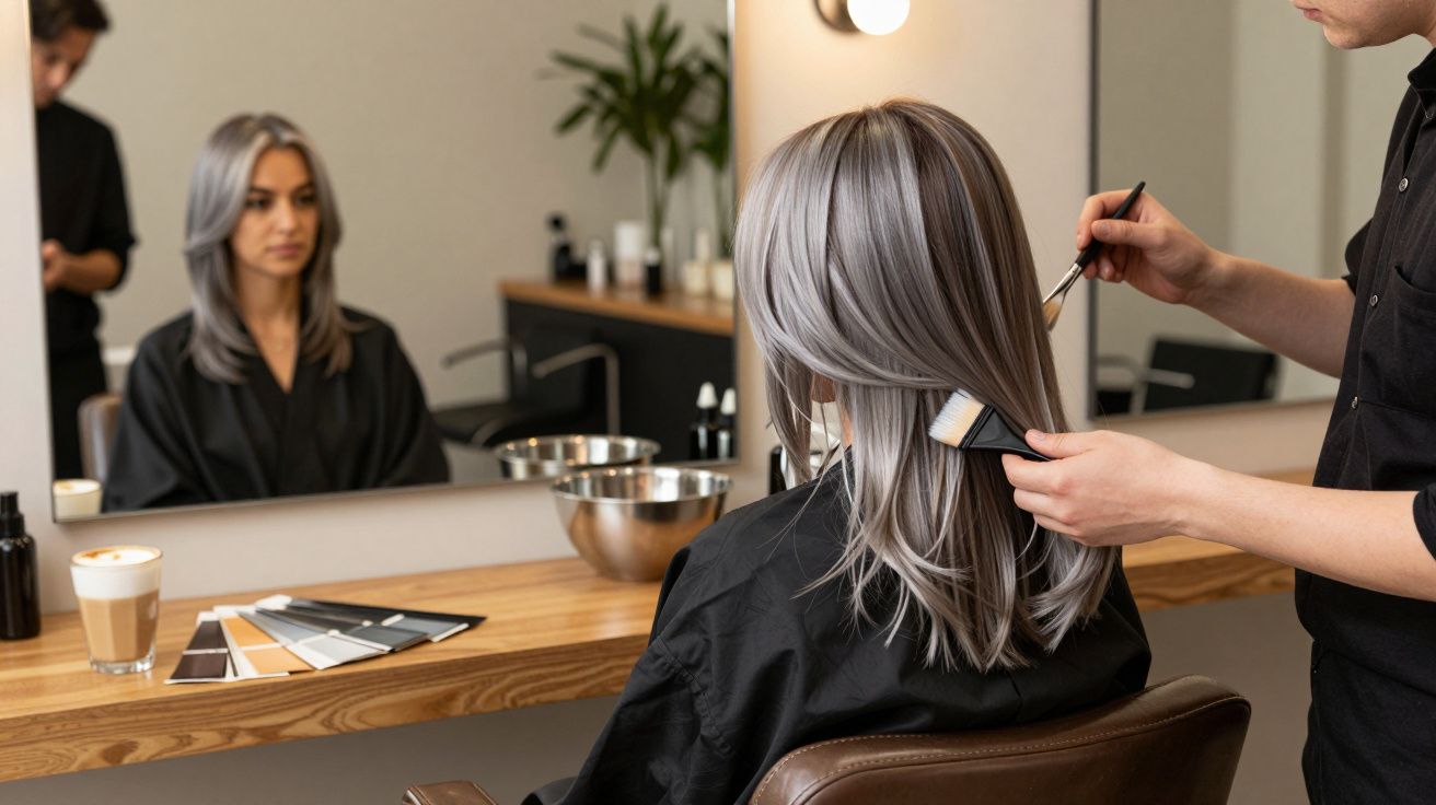 Mulher com cabelo cinza a ser pintada no cabelo numa cadeira de cabeleireiro, refletida no espelho.