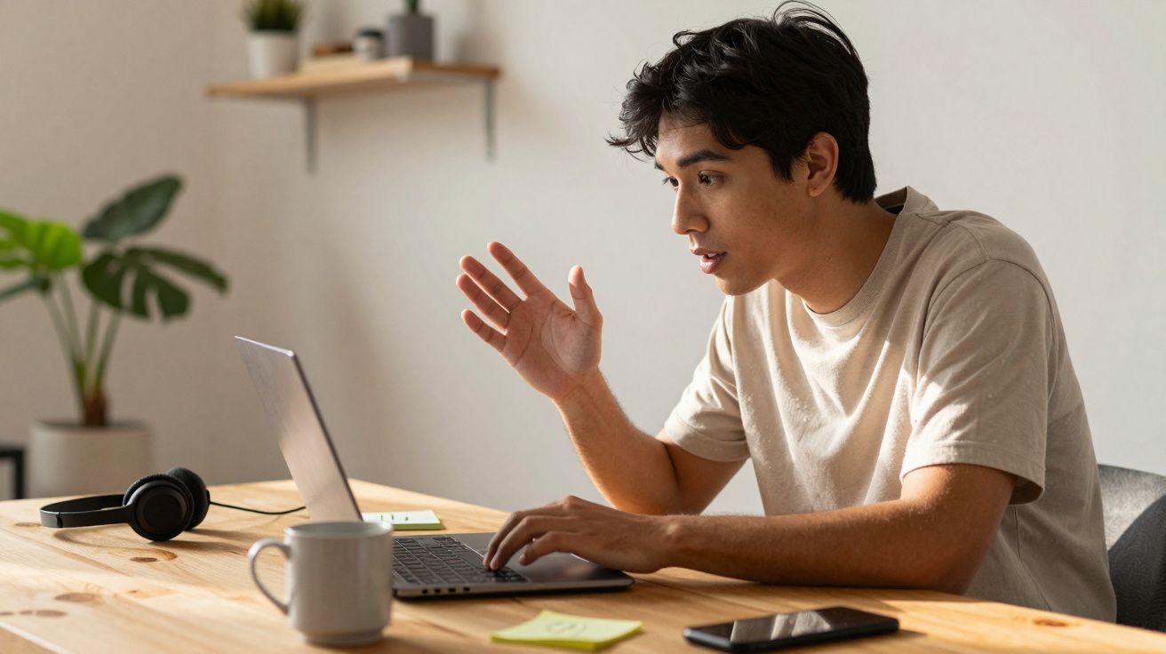 Jovem sentado à secretária a usar computador portátil e a conversar, rodeado de objetos pessoais.