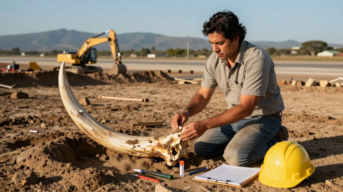 Homem examina osso grande no solo de uma escavação arqueológica com capacete amarelo e máquinas ao fundo.