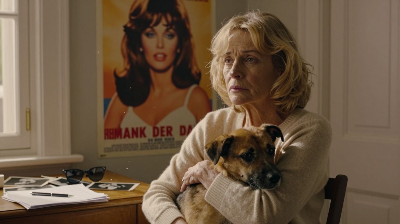 Mulher idosa com expressão pensativa abraça cão pequeno numa sala com poster vintage e secretária.