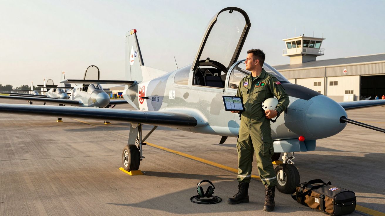 Piloto militar de uniforme verde ao lado de avião leve no aeroporto, segurando capacete e tablet.