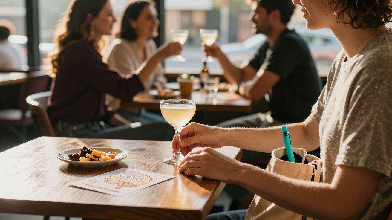 Pessoa segurando um copo de cocktail numa mesa com petiscos, com três pessoas a brindar ao fundo num café.