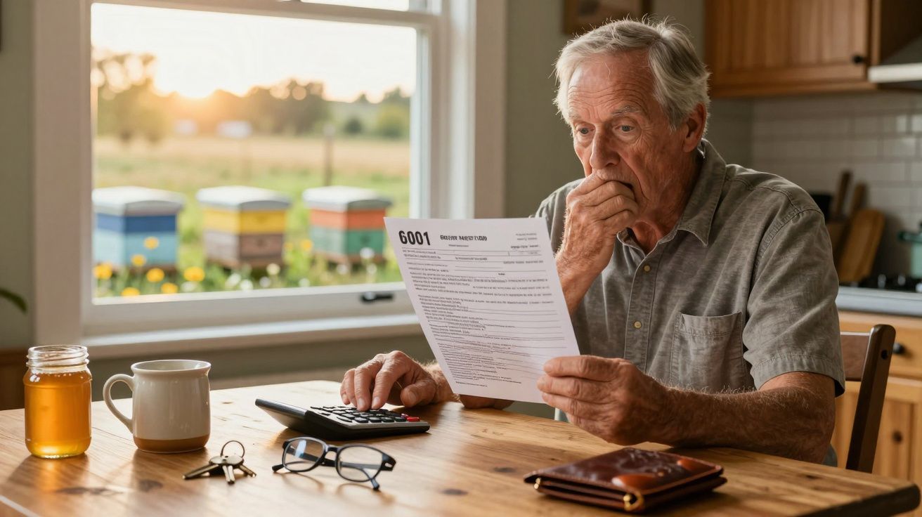 Homem idoso sentado à mesa a ler um documento com expressão preocupada, ao lado de uma calculadora e um jarro de mel.