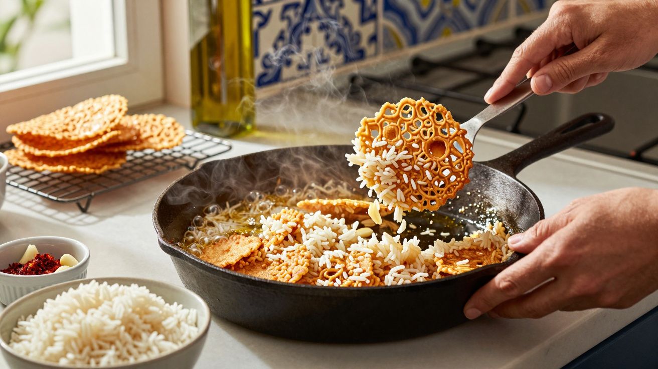Mãos a cozinhar arroz com bolachas crocantes numa frigideira numa cozinha iluminada.