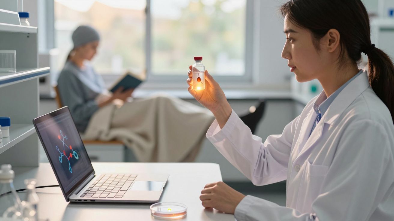 Médica em laboratório analisa amostra líquida, paciente lê livro na cama ao fundo junto à janela.