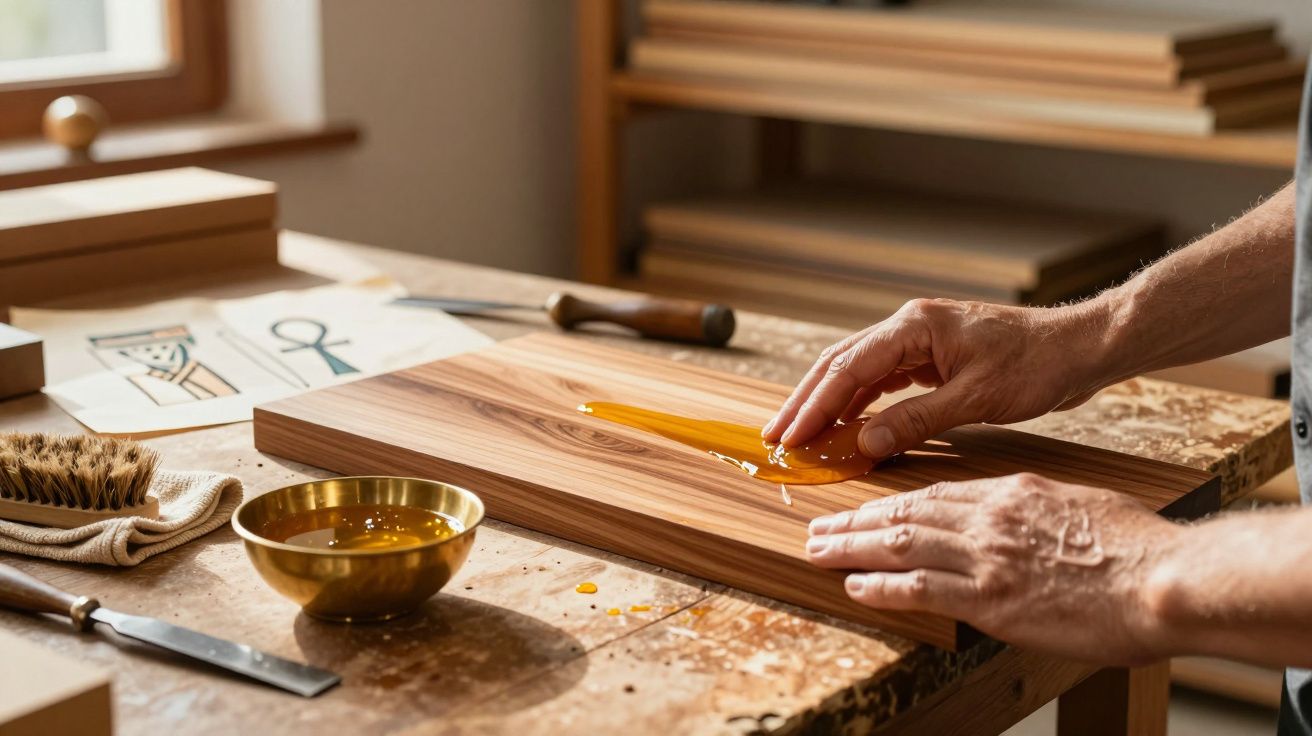 Pessoas a aplicar verniz amarelo numa tábua de madeira numa oficina de carpintaria acolhedora.