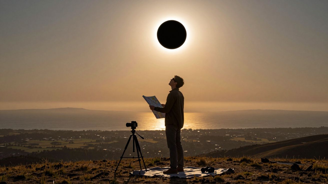 Pessoa em montanha durante eclipse solar, com câmara em tripé e mapa, ao pôr do sol junto ao mar.