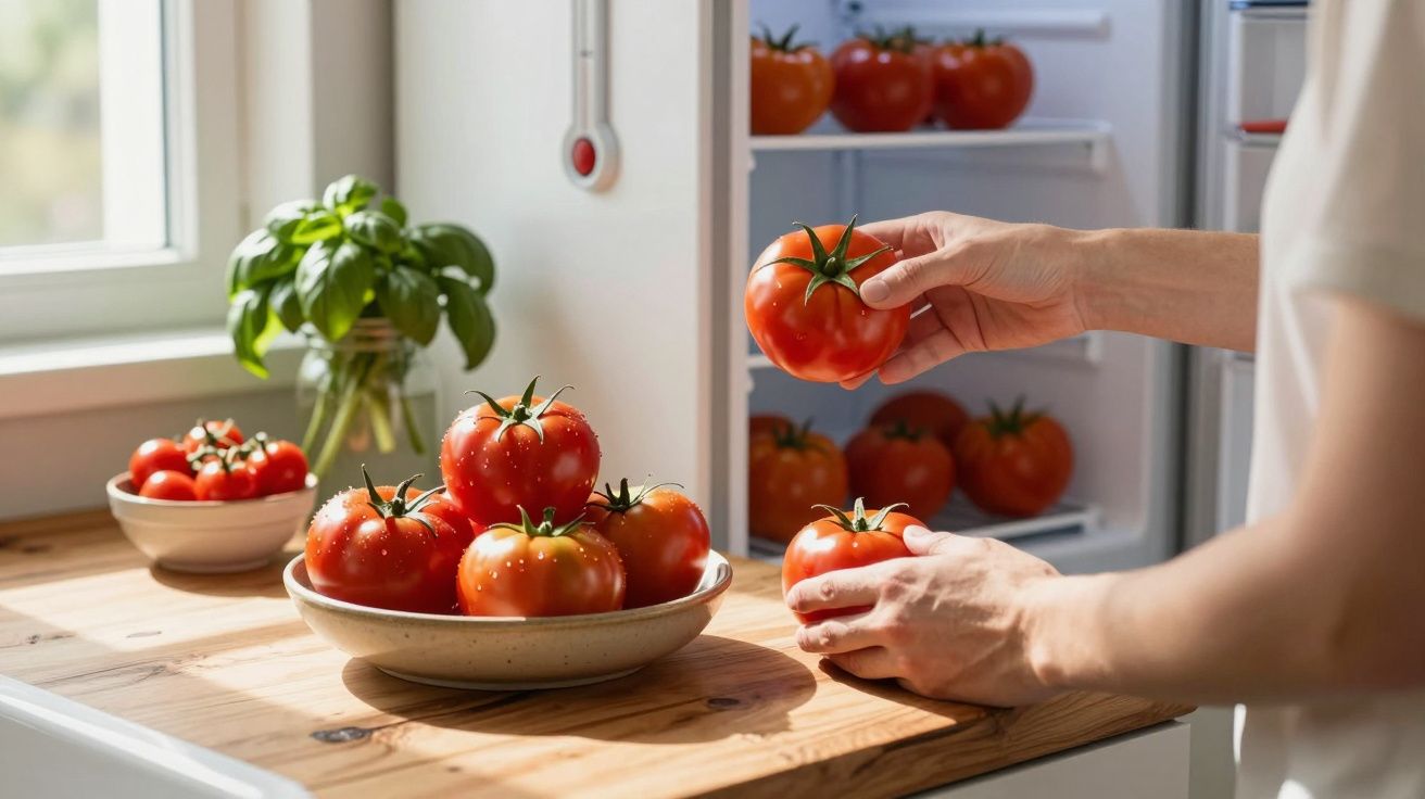 Pessoa a tirar tomates vermelhos frescos do frigorífico para um prato numa cozinha bem iluminada.