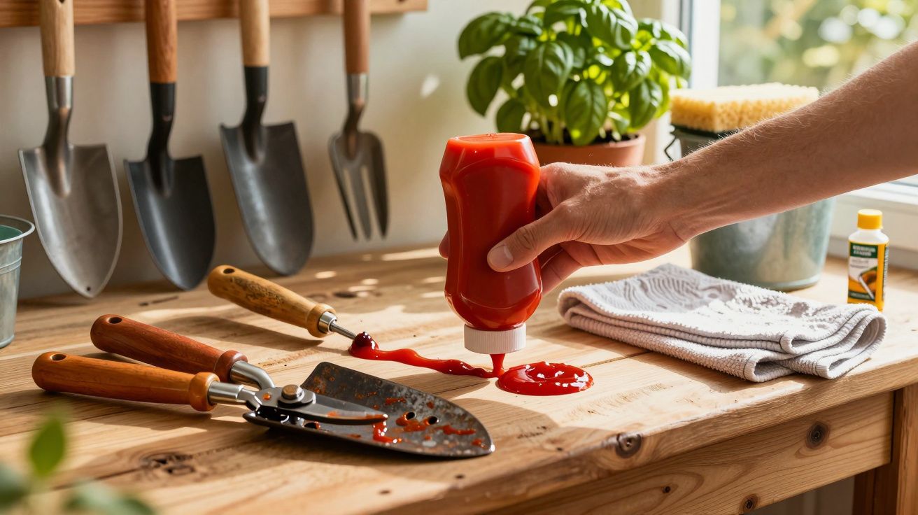 Mão a deitar ketchup numa superfície de madeira perto de ferramentas de jardinagem e planta verde.