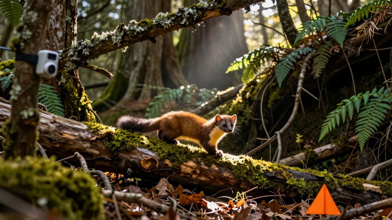 Martim-pescador numa floresta iluminada, pousado num tronco coberto de musgo com folhas e fetos à volta.