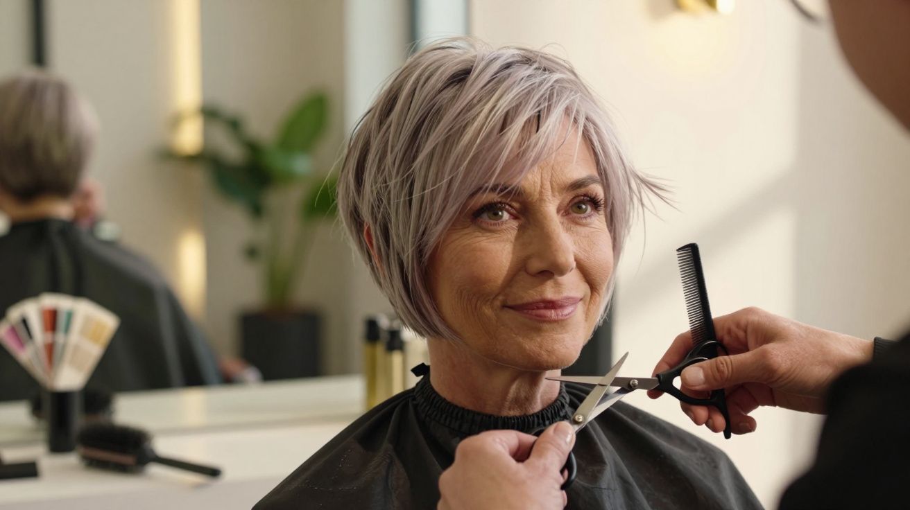 Mulher sorridente com cabelo curto branco é cortada num salão de cabeleireiro.