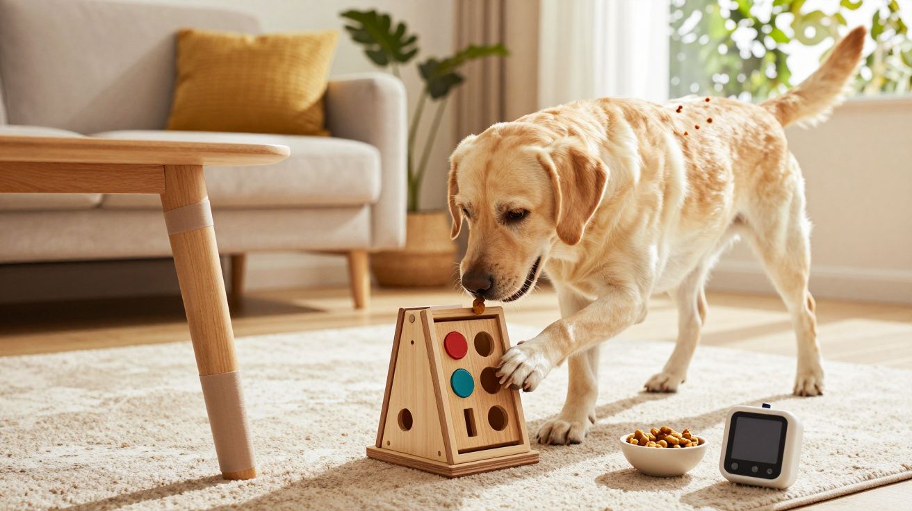 Cão a brincar com puzzle de madeira numa sala, com uma bacia de comida e dispositivo eletrónico no chão.
