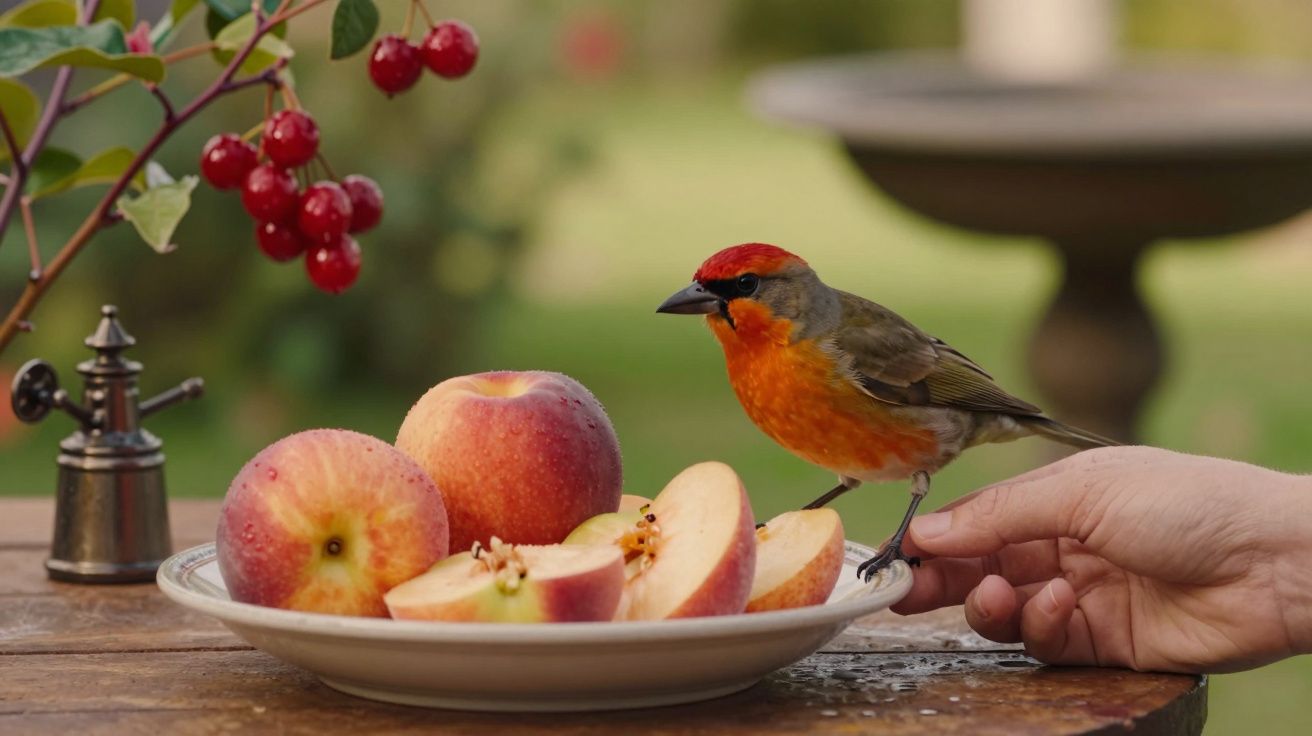 Pássaro laranja pousado num prato com maçãs fatiadas, junto a uma mão humana, em mesa de madeira.