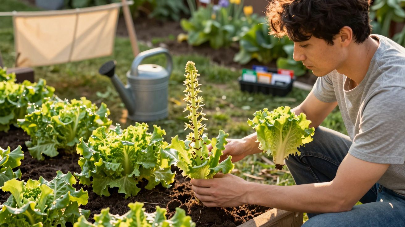 Homem cuidando de alface em horta ao ar livre, com regador ao fundo.