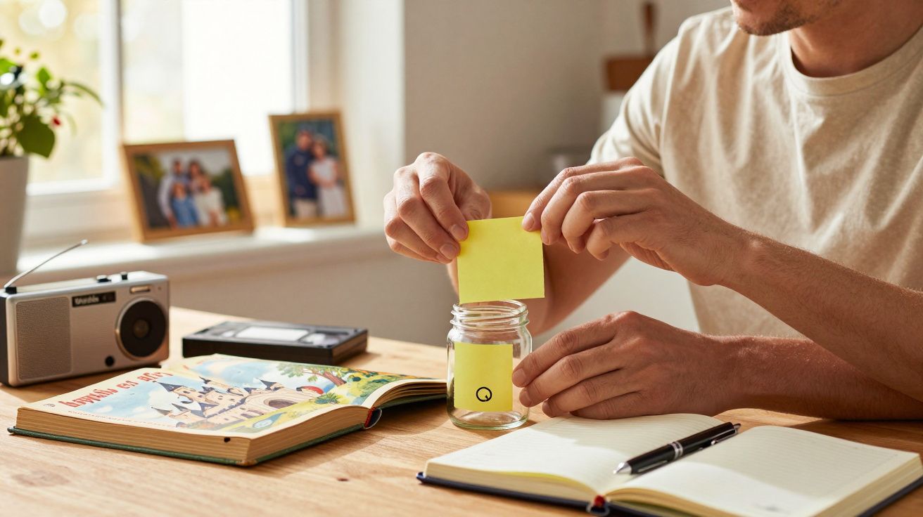 Homem coloca notas adesivas num frasco, com livro aberto, caderno e caneta sobre a mesa.