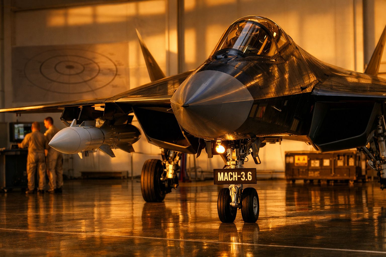 Avião a jato em hangar iluminado pelo pôr do sol, com placa "Mach 3.6" no trem de aterragem. Duas pessoas ao fundo.