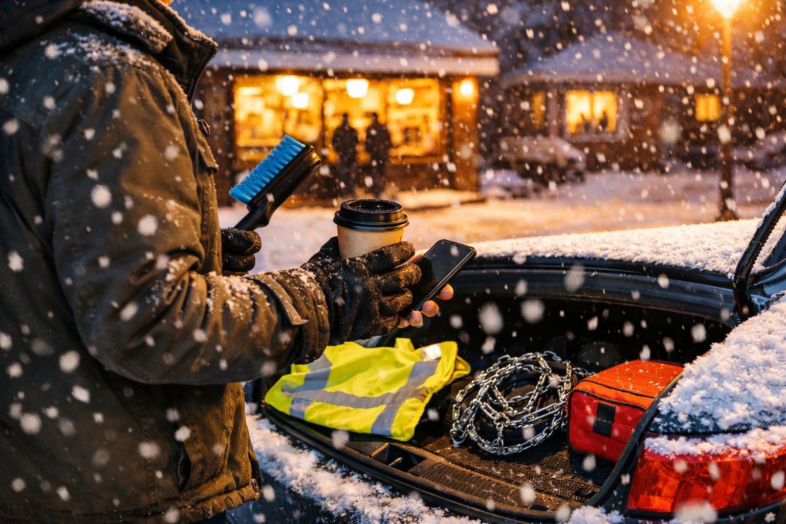 Pessoa segura telemóvel e café junto a mala de carro na neve, com corrente, colete e caixa de ferramentas dentro.