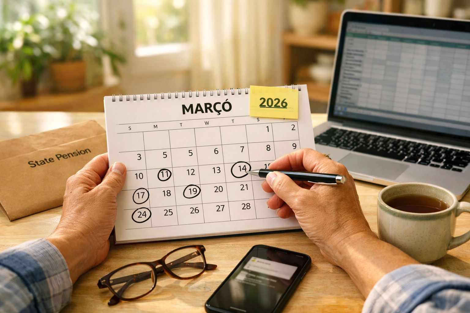 Pessoa marca data de 14 de março de 2026 num calendário. Computador, chá e envelope no fundo.
