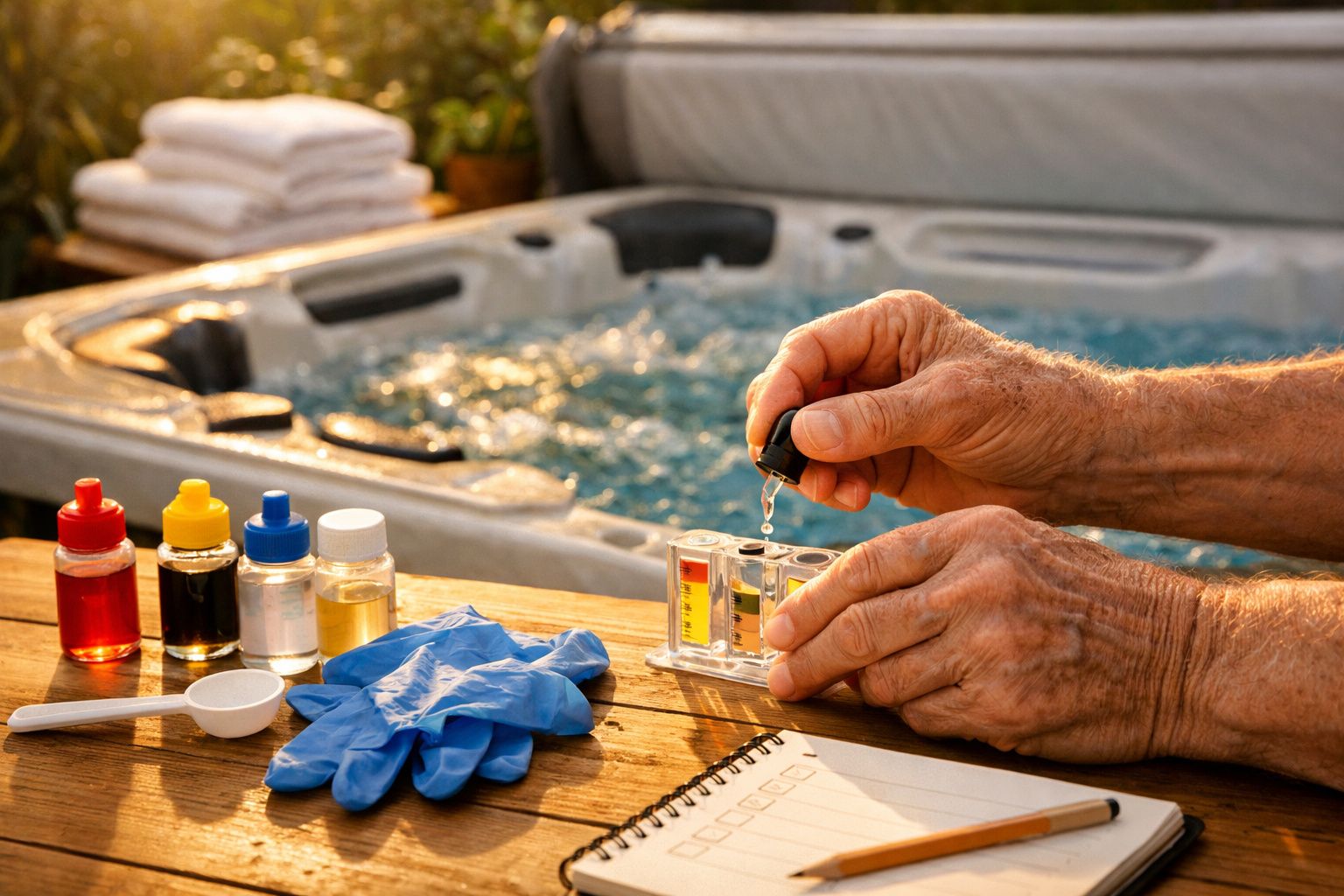 Mãos testam a qualidade da água de um spa usando um kit de análise, com frascos coloridos e luvas sobre a mesa.
