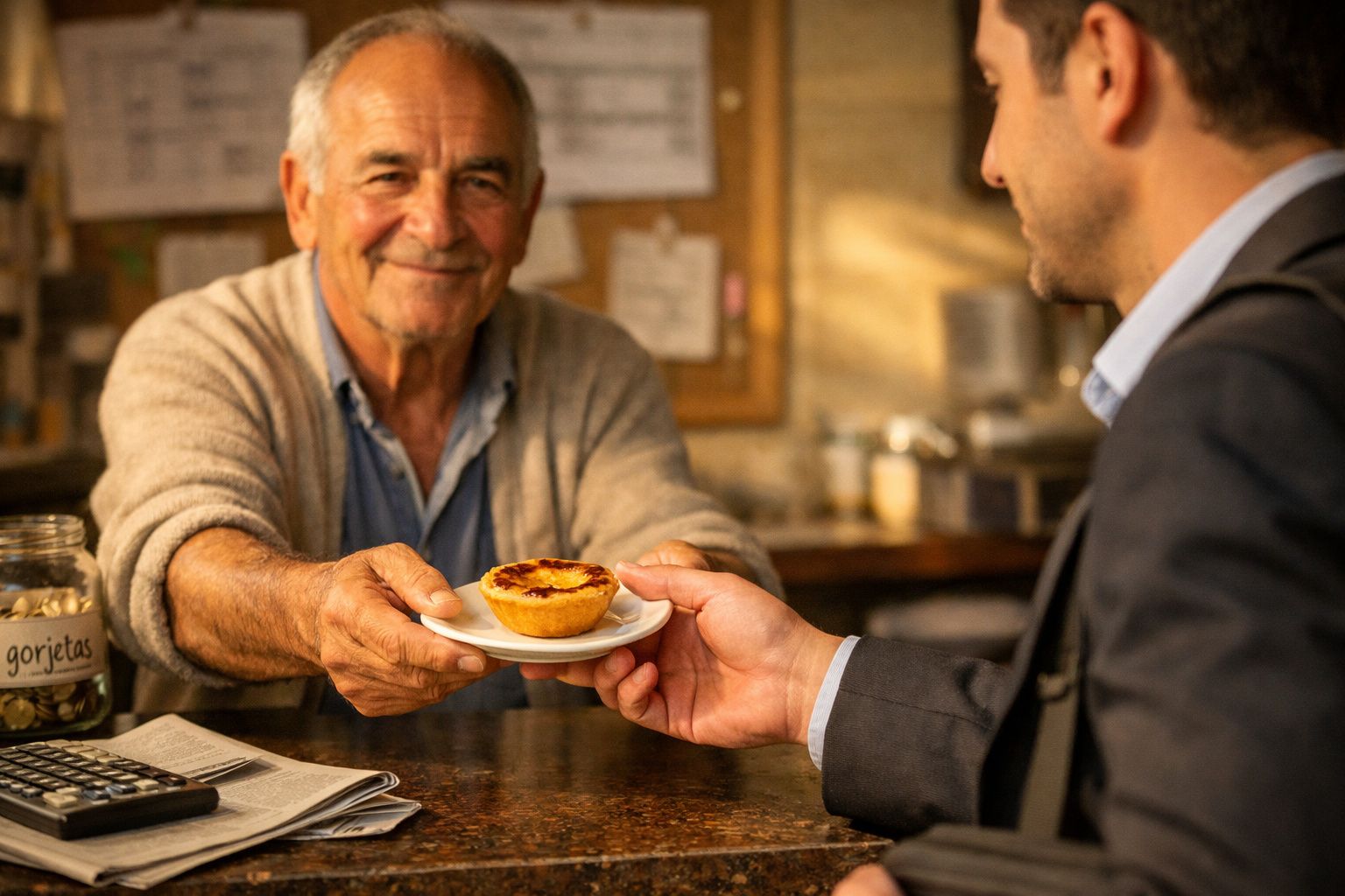 Homem idoso a servir um pastel de nata a um cliente num balcão de café aconchegante.