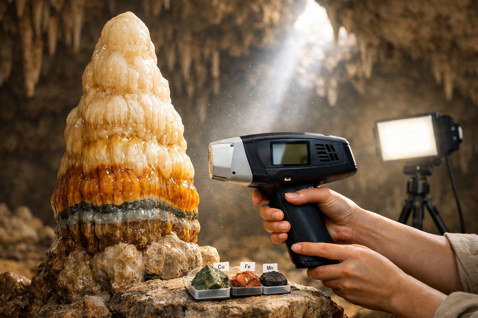 Mão usa scanner portátil em estalagmite dentro de uma caverna, com pedras rotuladas à frente e luz ao fundo.