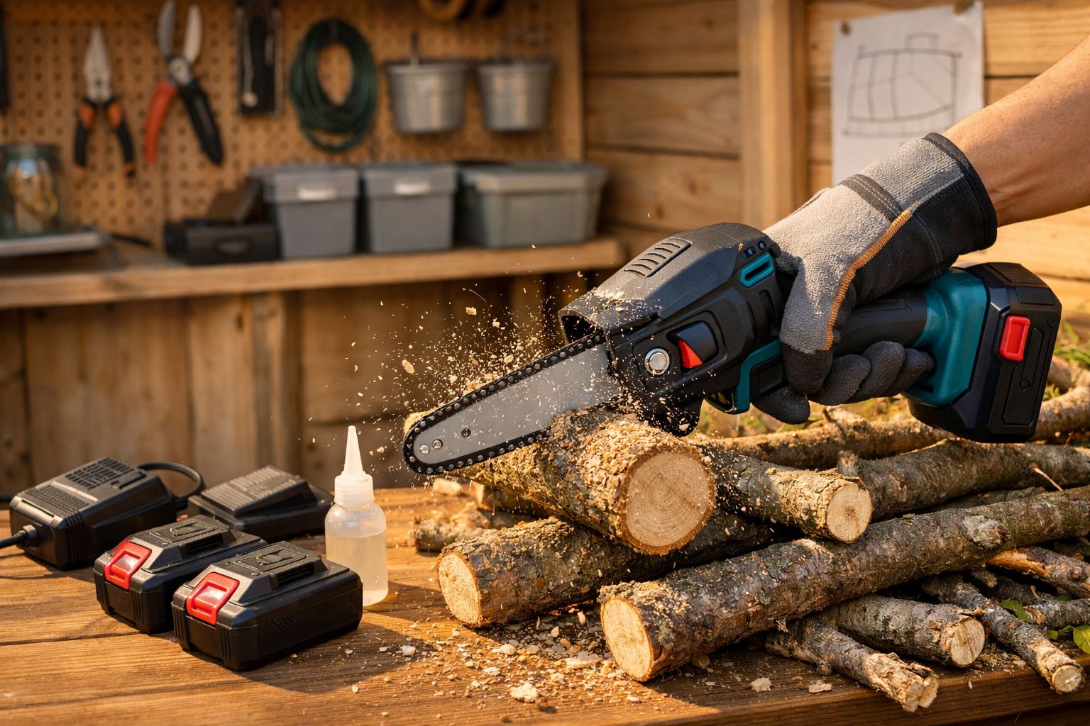 Mão com luva serrando galhos com mini motosserra elétrica em bancada de madeira com baterias e óleo.