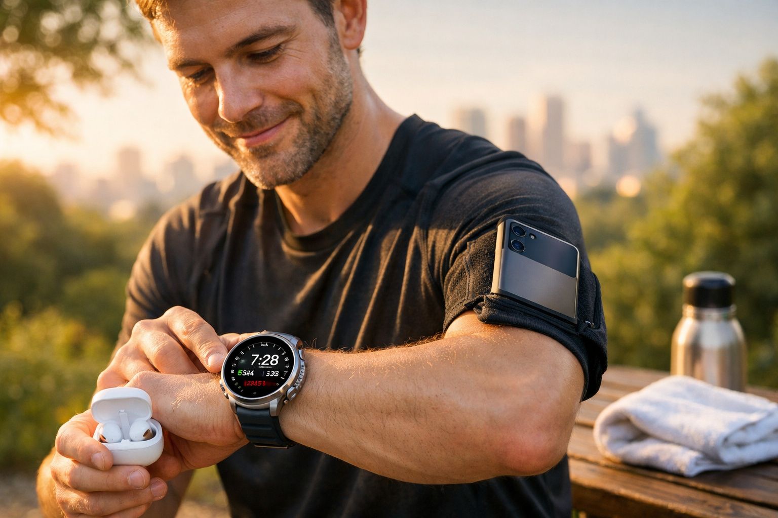 Homem ajusta relógio inteligente; telemóvel e auriculares sobre a mesa.