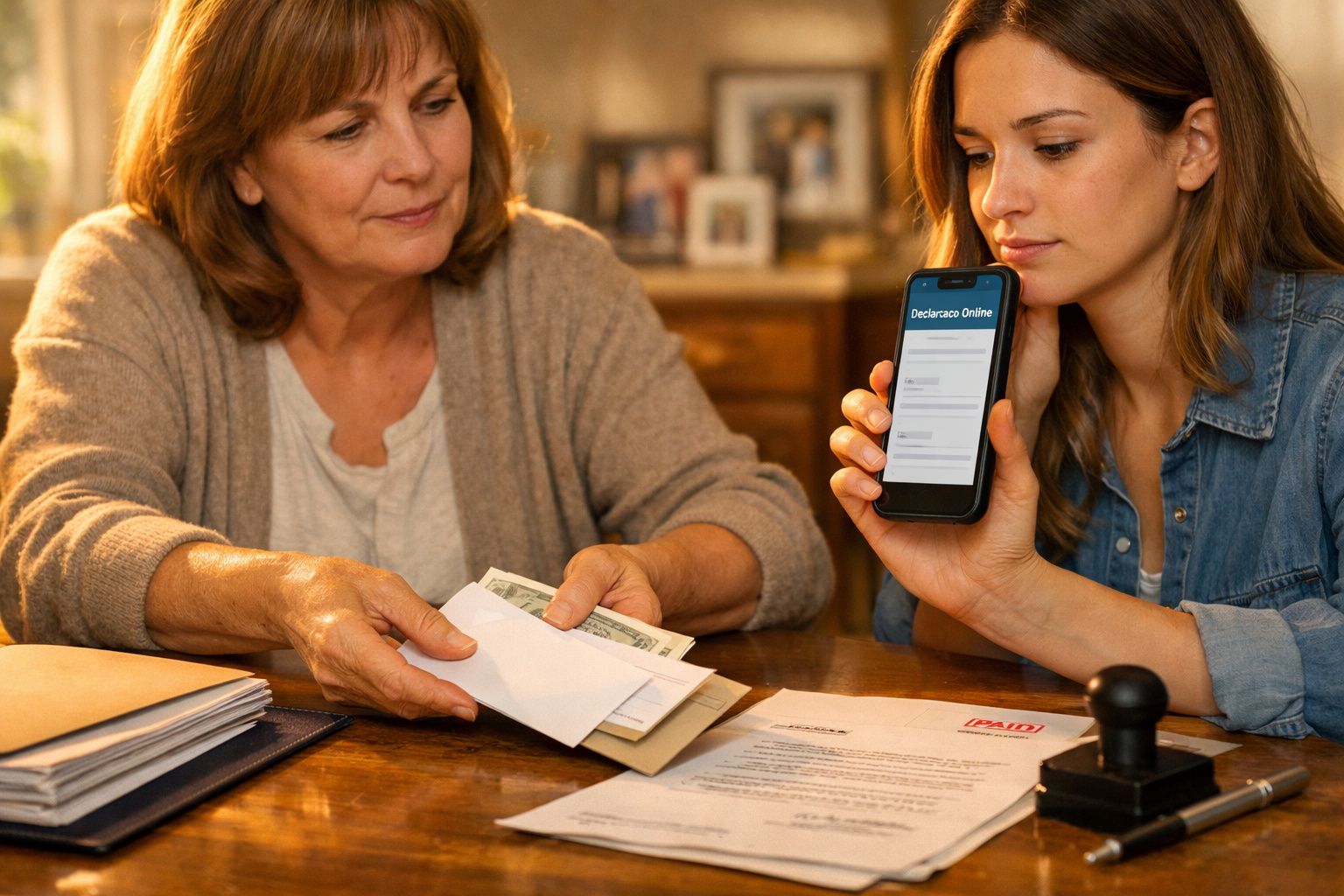 Duas mulheres à mesa, uma segura envelope e a outra usa telemóvel. Papéis e anel estão sobre a mesa.