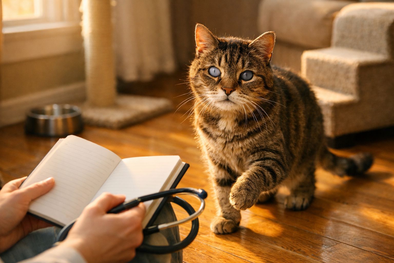 Veterinário examina um gato numa mesa. Ao fundo, modelo de cérebro em exposição.
