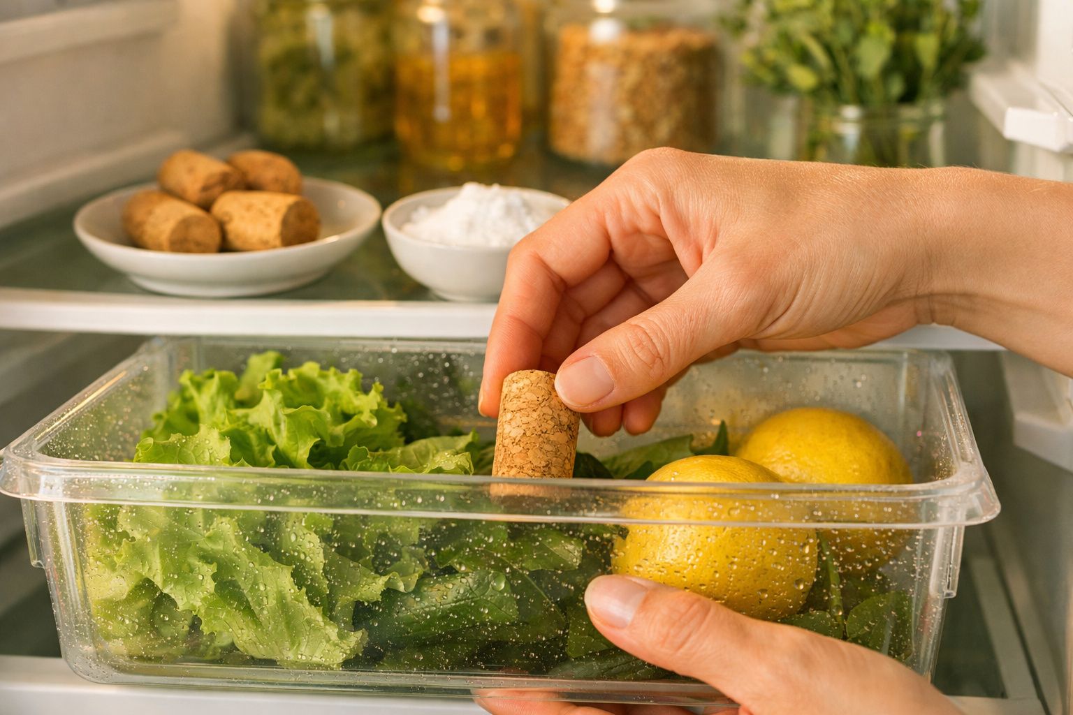 Mão colocando rolha de cortiça em gaveta de frigorífico com alface, limão e pepinos.