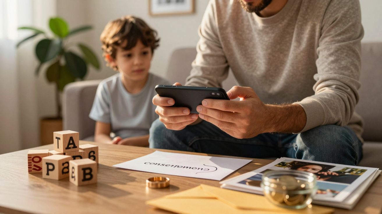 Homem sentado numa sala de estar com uma criança, usa o telemóvel enquanto blocos e papéis estão na mesa à frente.