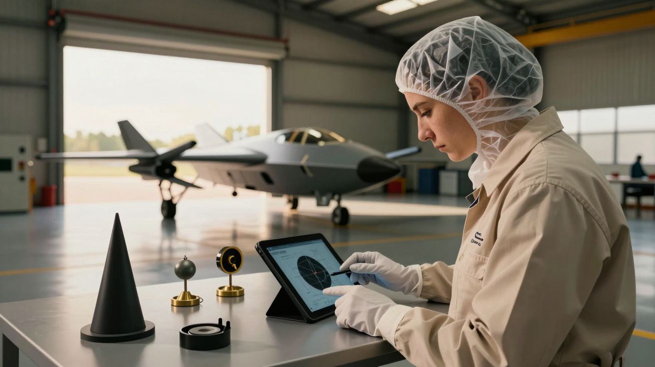 Pessoa num laboratório aéreo, analisando dados no tablet com avião ao fundo.