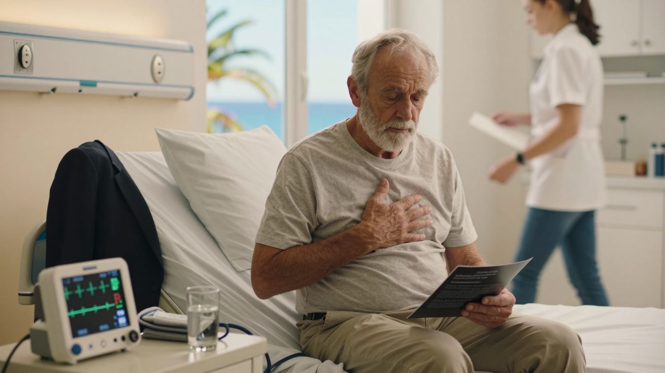 Homem idoso sentado na cama do hospital, segurando papel, com um monitor cardíaco. Enfermeira ao fundo num quarto iluminado.