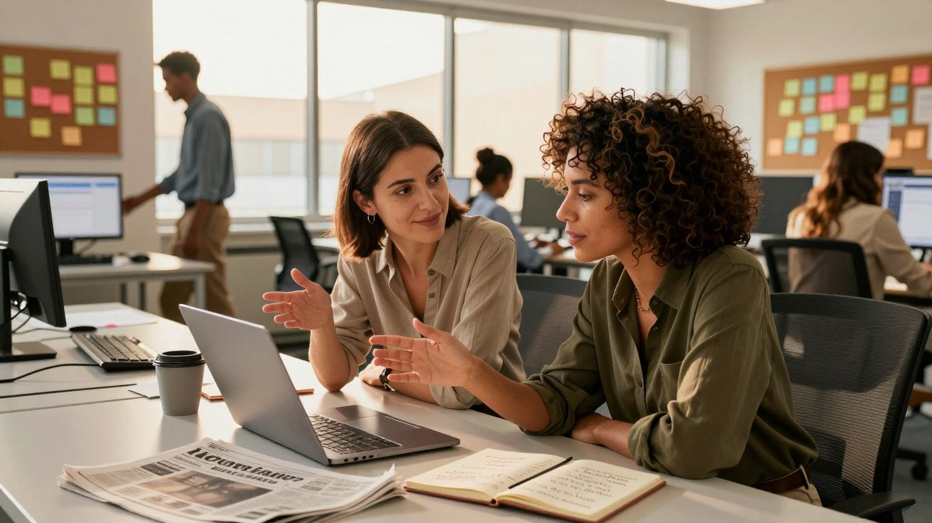 Duas mulheres discutem em frente a um portátil num escritório com várias pessoas ao fundo, rodeadas por papéis e cadernos.
