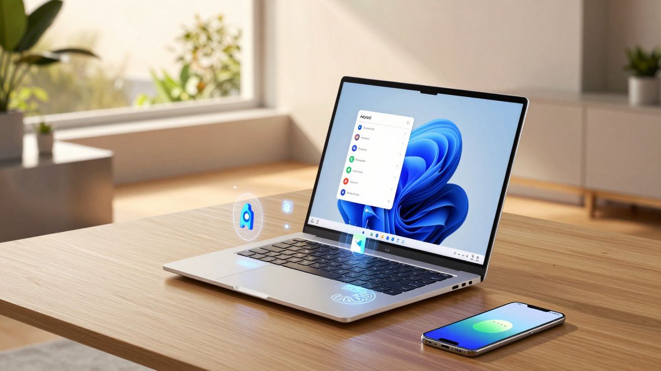 Computador portátil aberto com ecrã do Windows 11 e smartphone sobre mesa de madeira num ambiente iluminado.