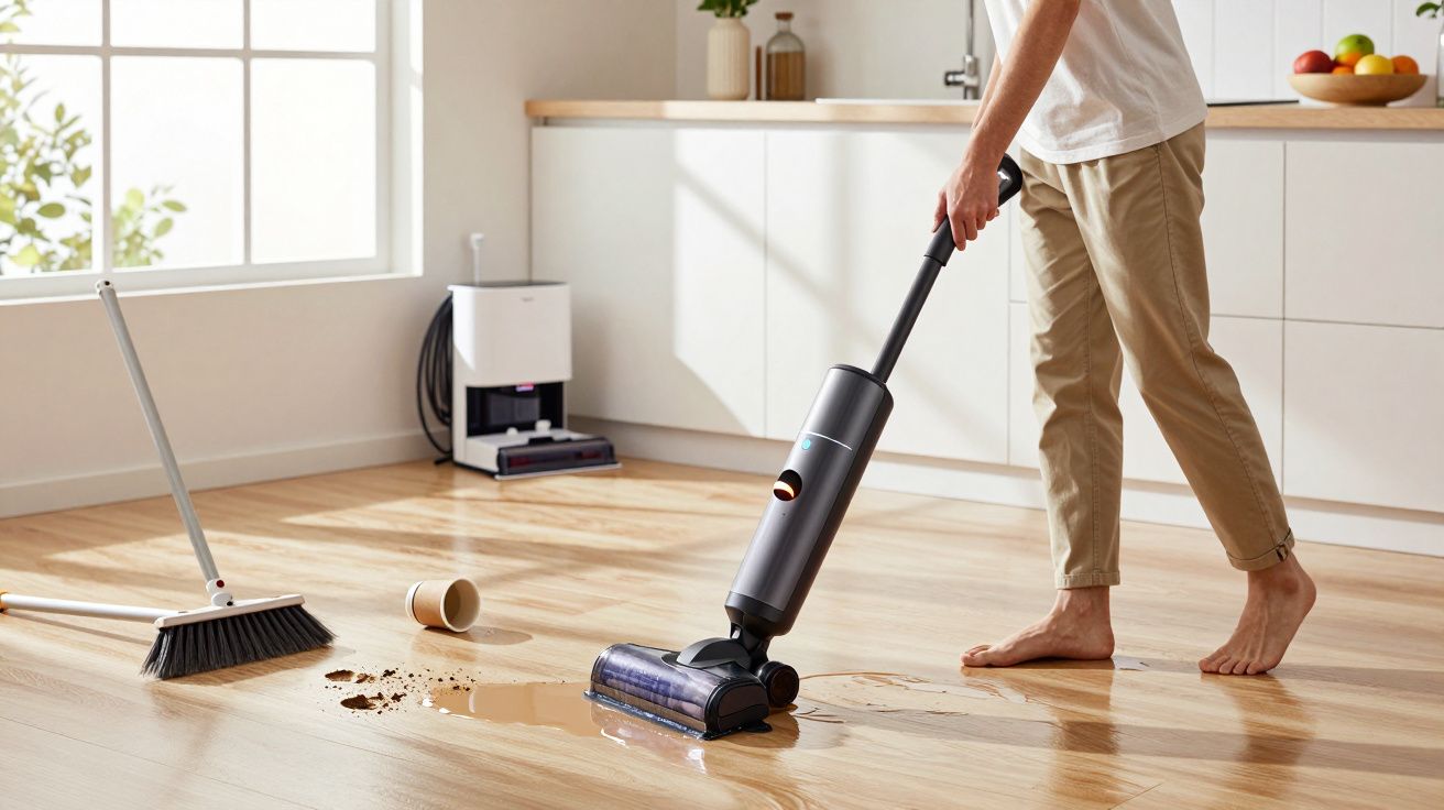 Pessoa a limpar chão de madeira com aspirador sem fios, ao lado de uma vassoura e copo caído.